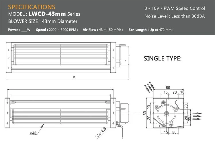 60mm Mirco Cross Flow DC Cooing Fan with 0~10V and PWM Speed Control